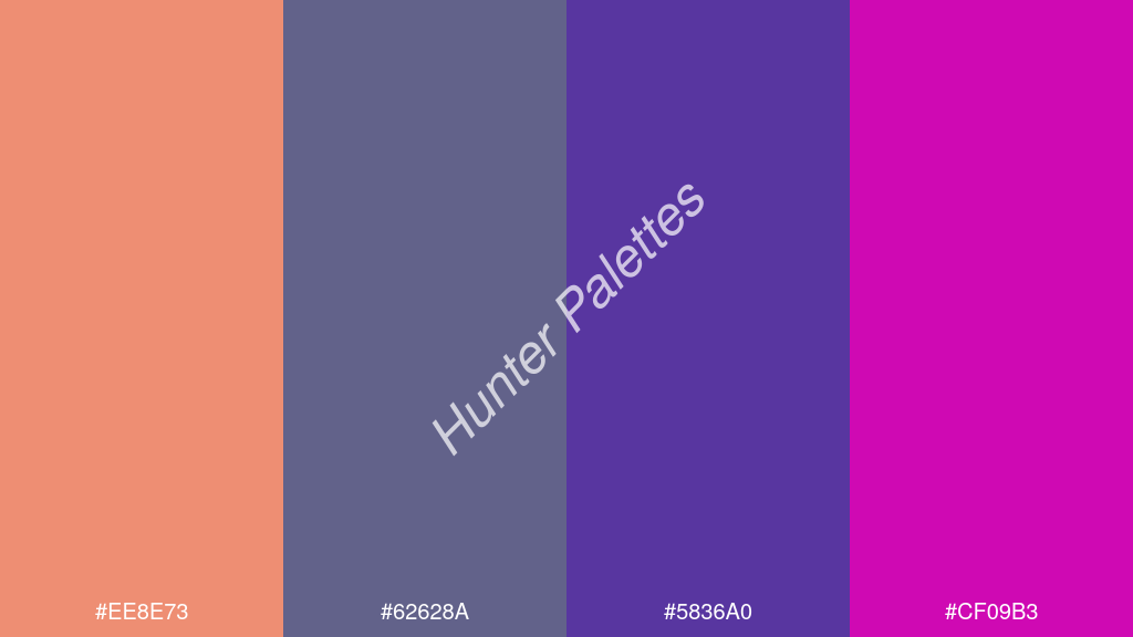 indigókék szín palettája a következőkkel: #ee8e73 #62628a #5836a0 #cf09b3
