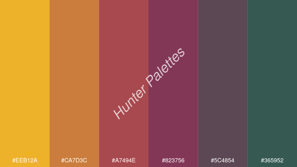 cseresznye szín palettája a következőkkel: #eeb12a #ca7d3c #a7494e #823756 #5c4854 #365952