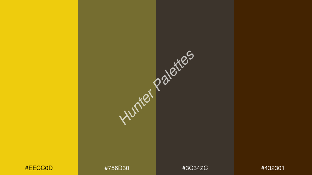 oxford szürke szín palettája a következőkkel: #eecc0d #756d30 #3c342c #432301