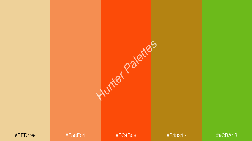 fluoreszkáló narancs szín palettája a következőkkel: #eed199 #f58e51 #fc4b08 #b48312 #6cba1b
