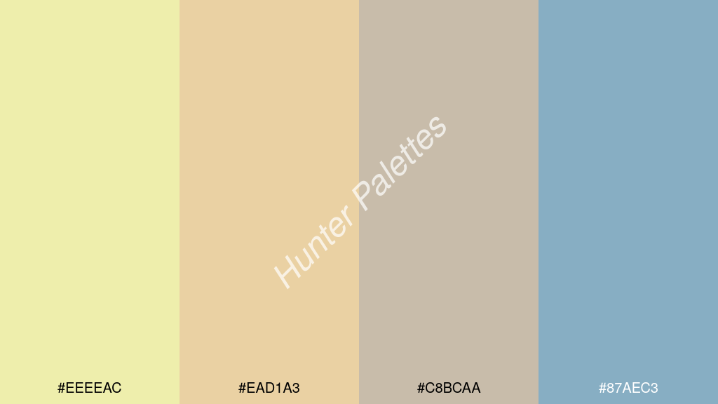 bézs szín palettája a következőkkel: #eeeeac #ead1a3 #c8bcaa #87aec3