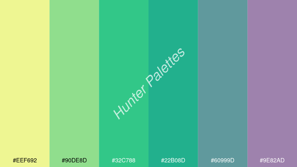 akvamarinzöld szín palettája a következőkkel: #eef692 #90de8d #32c788 #22b08d #60999d #9e82ad
