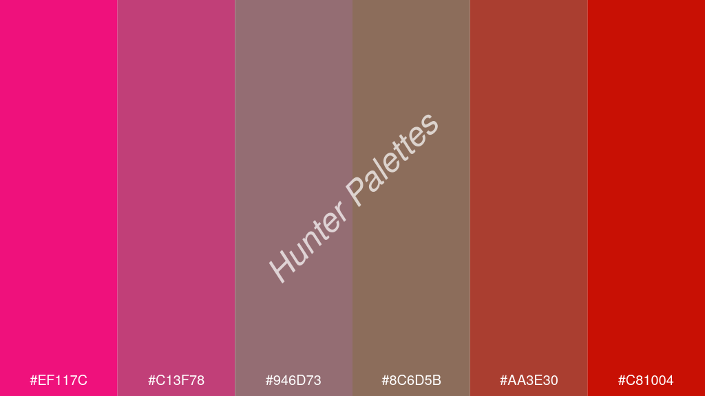 cement szürke szín palettája a következőkkel: #ef117c #c13f78 #946d73 #8c6d5b #aa3e30 #c81004
