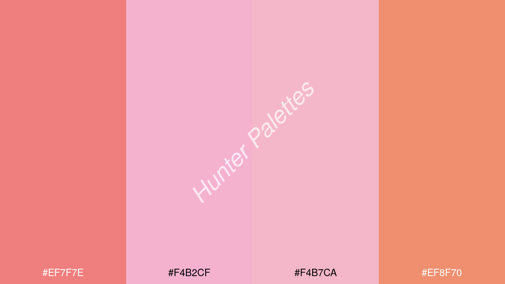 világos rózsaszín szín palettája a következőkkel: #ef7f7e #f4b2cf #f4b7ca #ef8f70