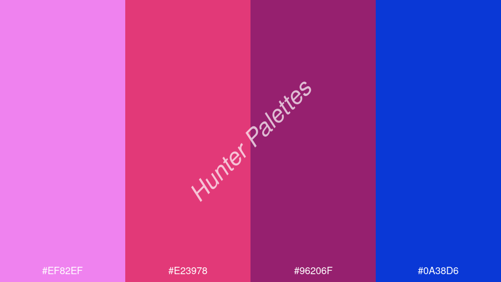 bíbor szín palettája a következőkkel: #ef82ef #e23978 #96206f #0a38d6
