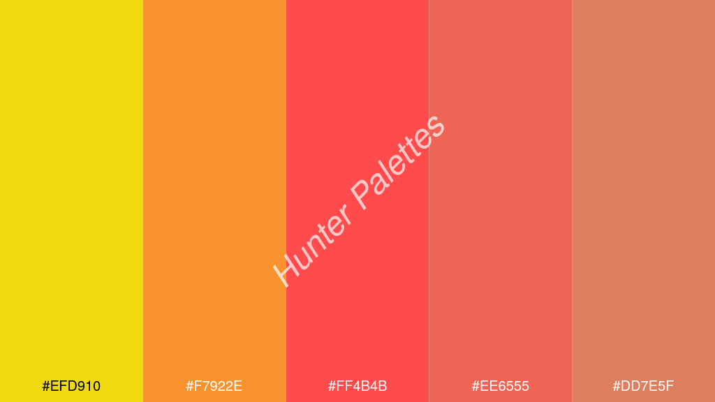 világos piros szín palettája a következőkkel: #efd910 #f7922e #ff4b4b #ee6555 #dd7e5f