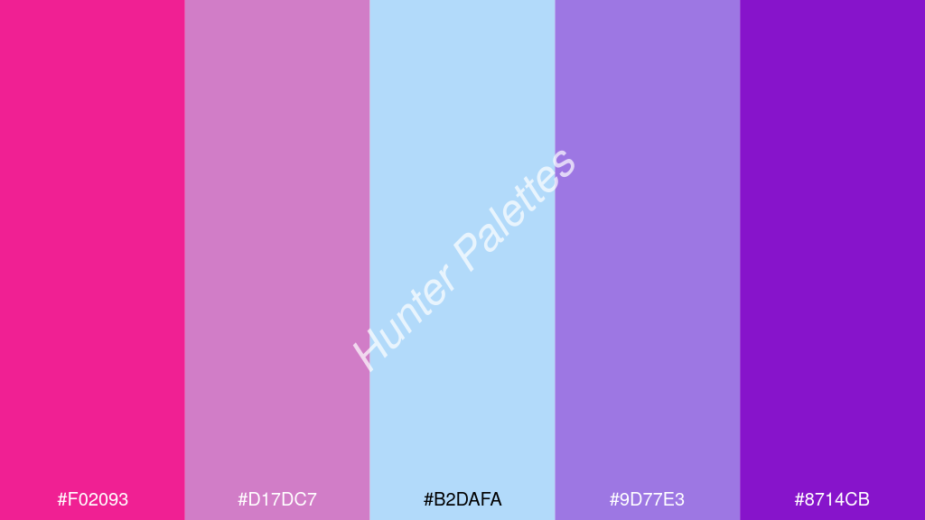 pasztellkék szín palettája a következőkkel: #f02093 #d17dc7 #b2dafa #9d77e3 #8714cb
