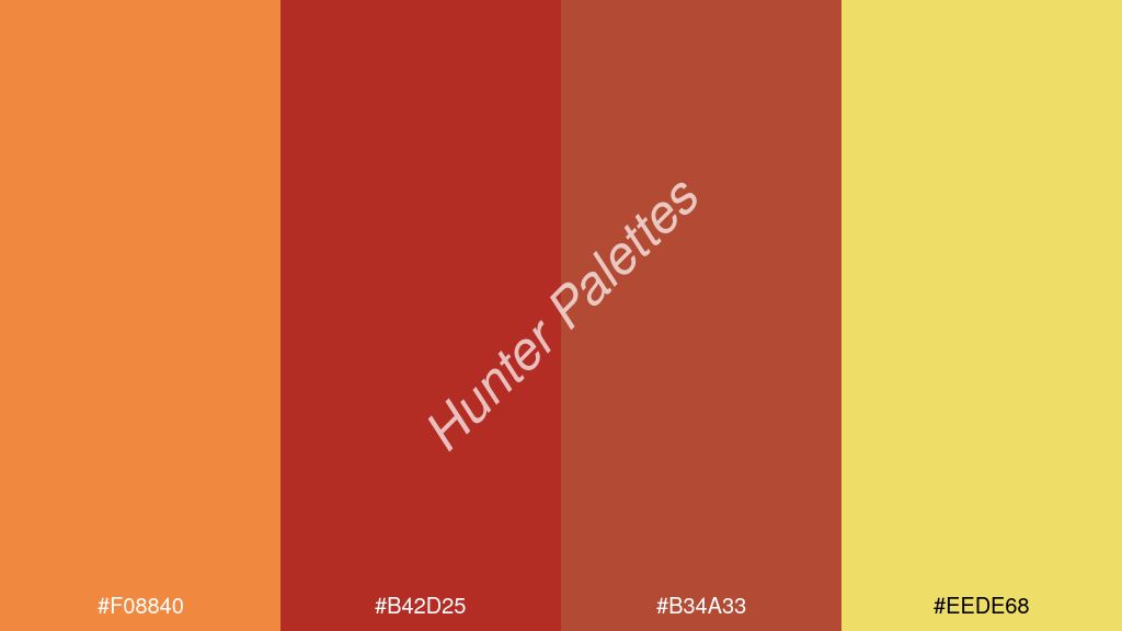 karmazsin szín palettája a következőkkel: #f08840 #b42d25 #b34a33 #eede68