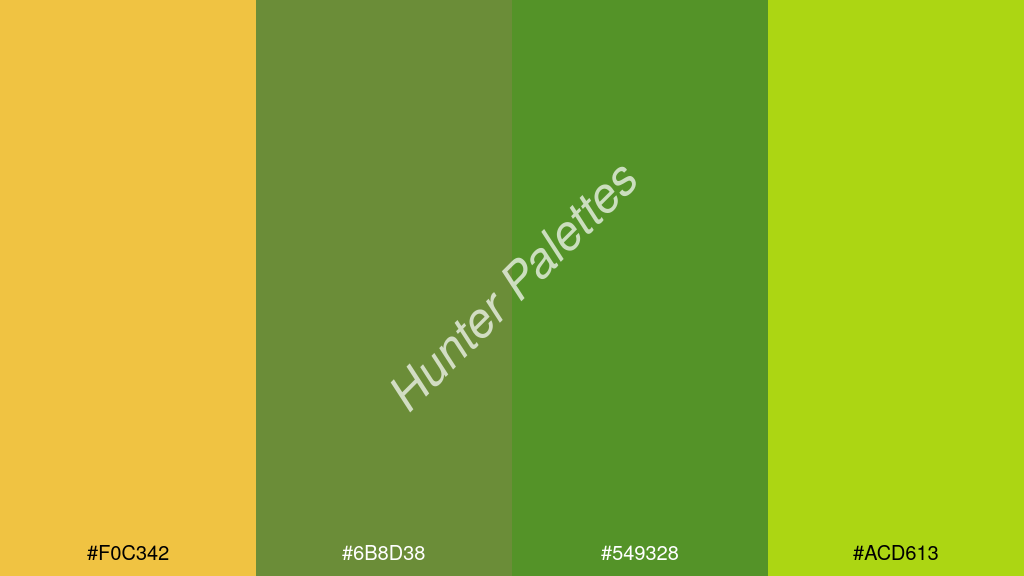 smaragdzöld szín palettája a következőkkel: #f0c342 #6b8d38 #549328 #acd613