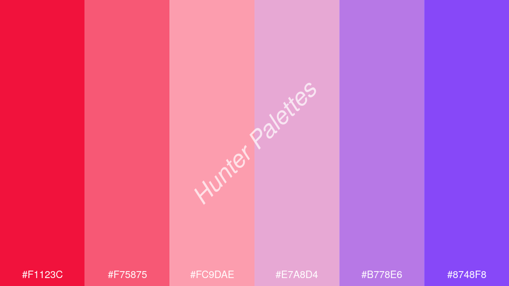 rózsaszín szín palettája a következőkkel: #f1123c #f75875 #fc9dae #e7a8d4 #b778e6 #8748f8