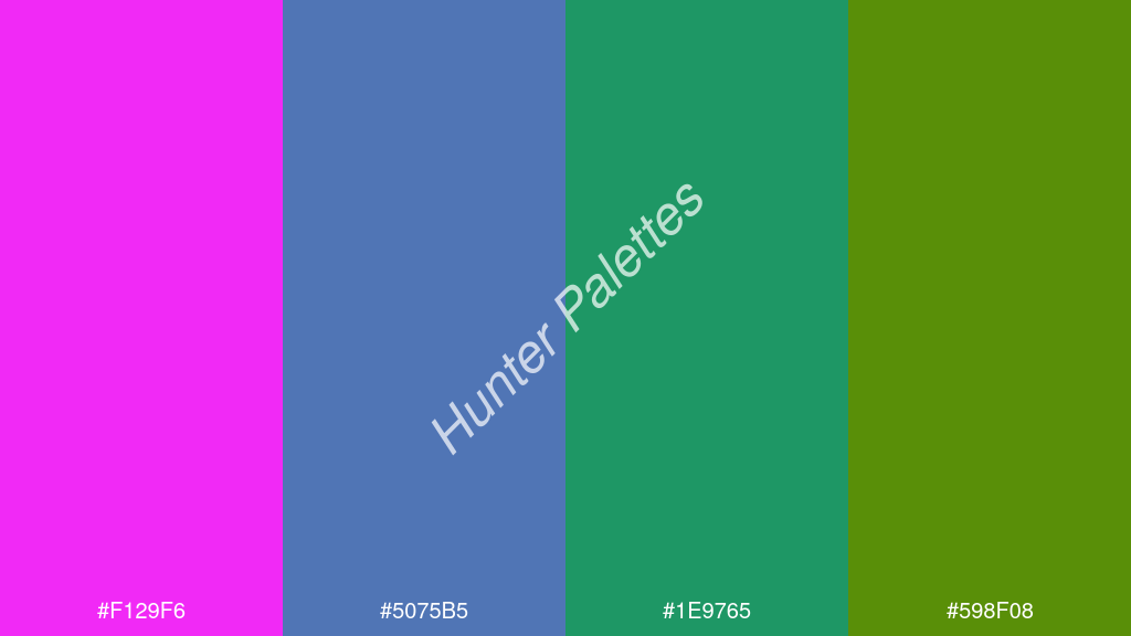kékzöld szín palettája a következőkkel: #f129f6 #5075b5 #1e9765 #598f08