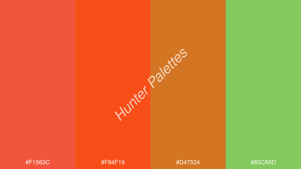 fluoreszkáló narancs szín palettája a következőkkel: #f1563c #f84f19 #d47524 #83ca5d