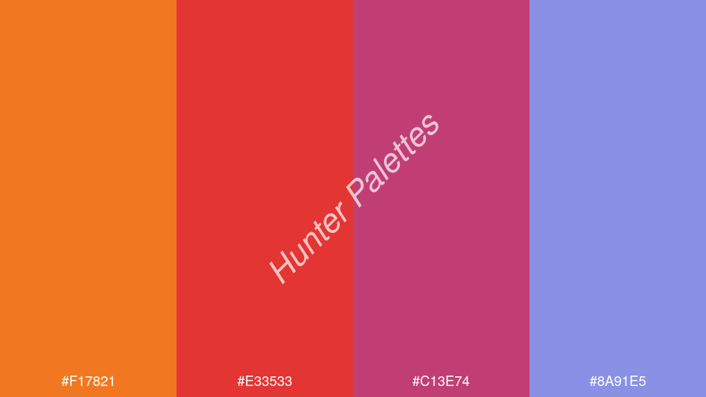 bíbor szín palettája a következőkkel: #f17821 #e33533 #c13e74 #8a91e5