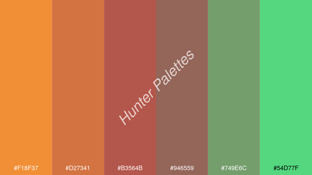 mahagóni szín palettája a következőkkel: #f18f37 #d27341 #b3564b #946559 #749e6c #54d77f