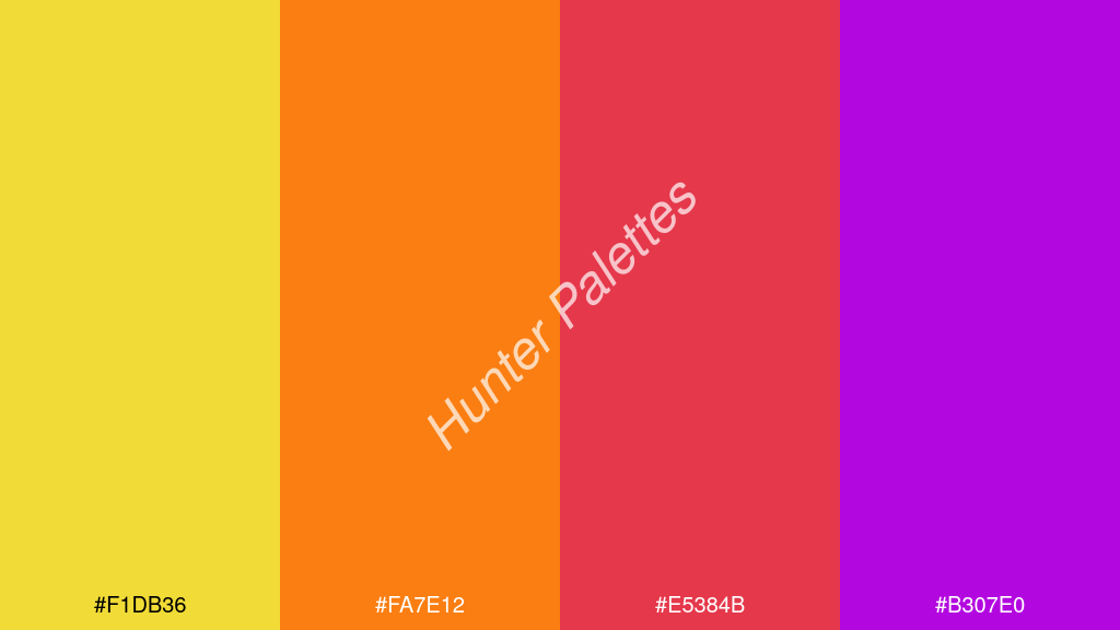 Pantone narancs szín palettája a következőkkel: #f1db36 #fa7e12 #e5384b #b307e0