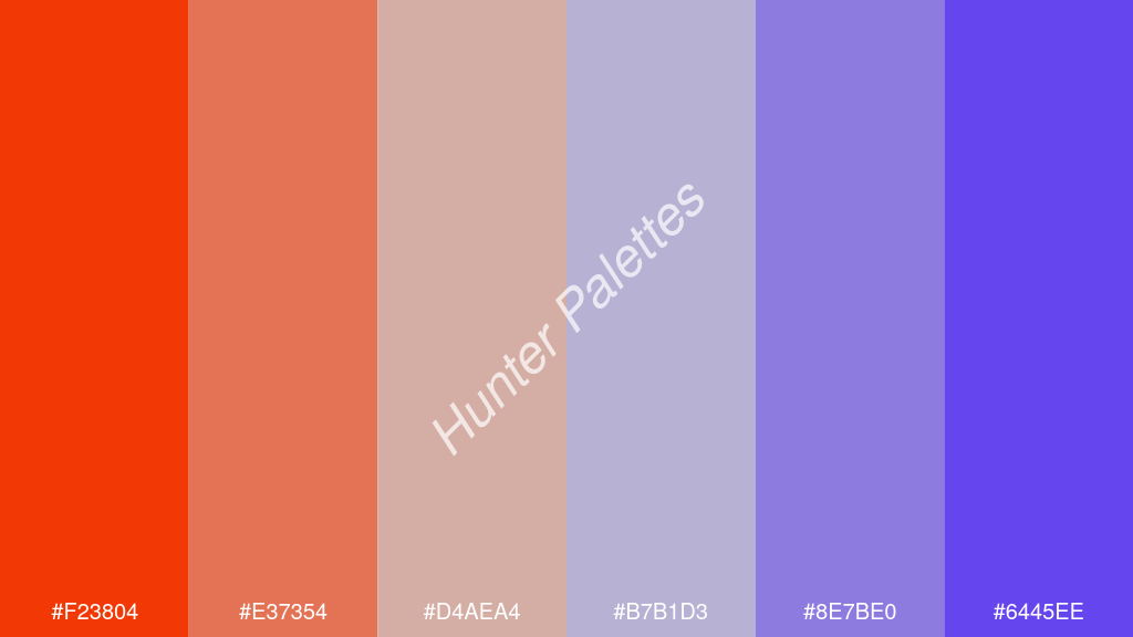 cccccc szín palettája a következőkkel: #f23804 #e37354 #d4aea4 #b7b1d3 #8e7be0 #6445ee