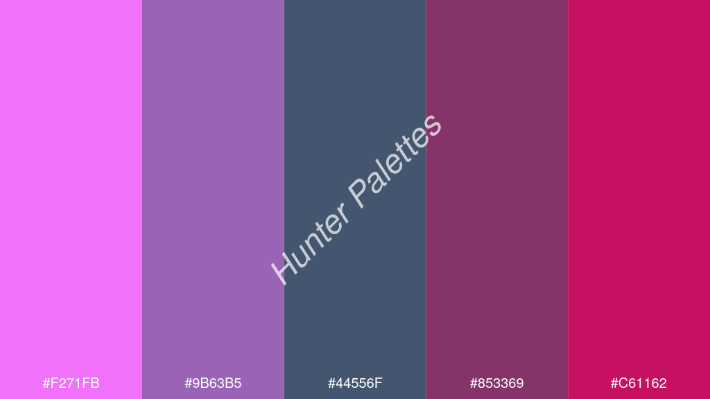 kékes szürke szín palettája a következőkkel: #f271fb #9b63b5 #44556f #853369 #c61162