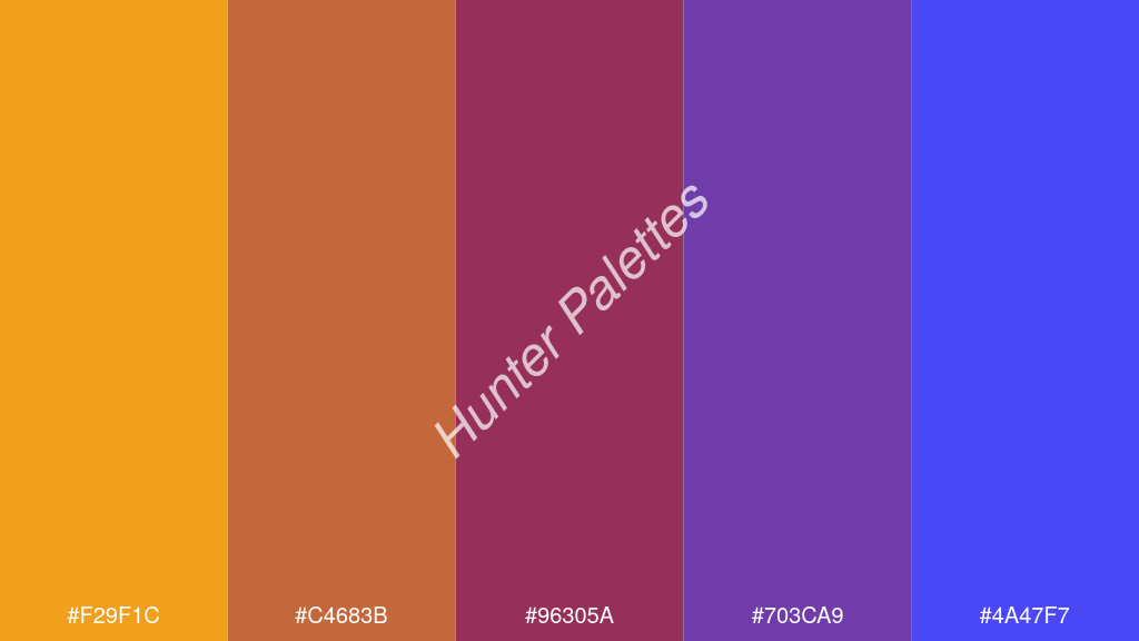 bordó szín palettája a következőkkel: #f29f1c #c4683b #96305a #703ca9 #4a47f7