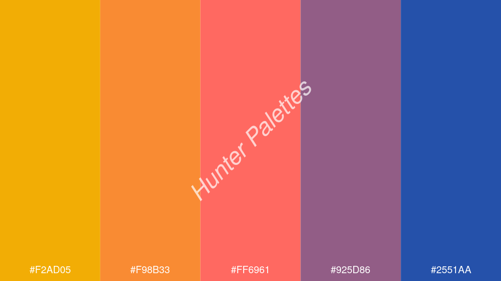 pasztell piros szín palettája a következőkkel: #f2ad05 #f98b33 #ff6961 #925d86 #2551aa