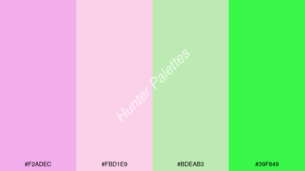 halvány rózsaszín szín palettája a következőkkel: #f2adec #fbd1e9 #bdeab3 #39f849