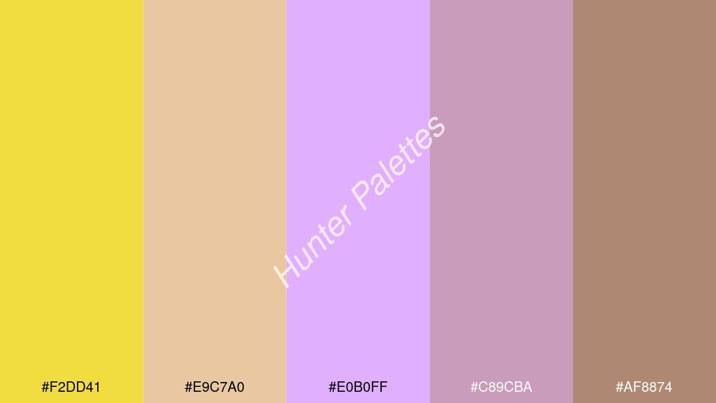 mályva szín palettája a következőkkel: #f2dd41 #e9c7a0 #e0b0ff #c89cba #af8874