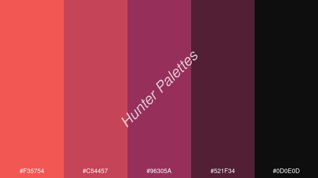 bordó szín palettája a következőkkel: #f35754 #c54457 #96305a #521f34 #0d0e0d