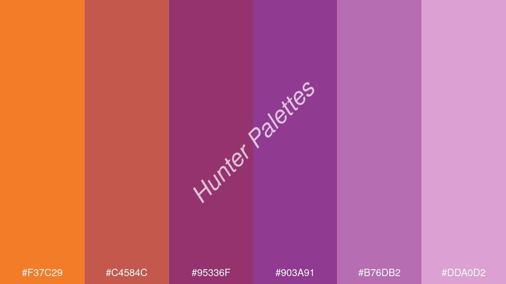 lila szín palettája a következőkkel: #f37c29 #c4584c #95336f #903a91 #b76db2 #dda0d2
