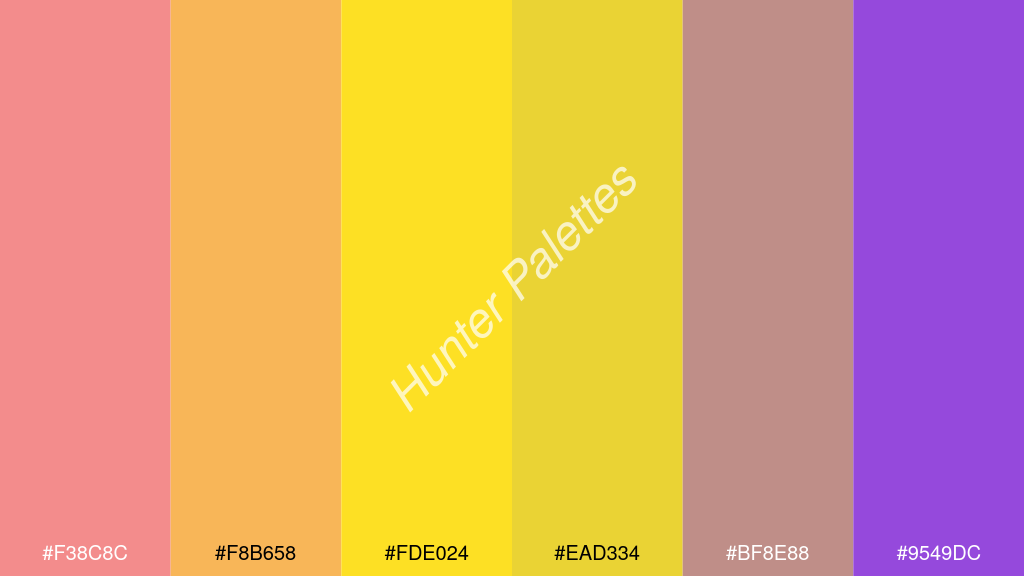 neon sárga szín palettája a következőkkel: #f38c8c #f8b658 #fde024 #ead334 #bf8e88 #9549dc
