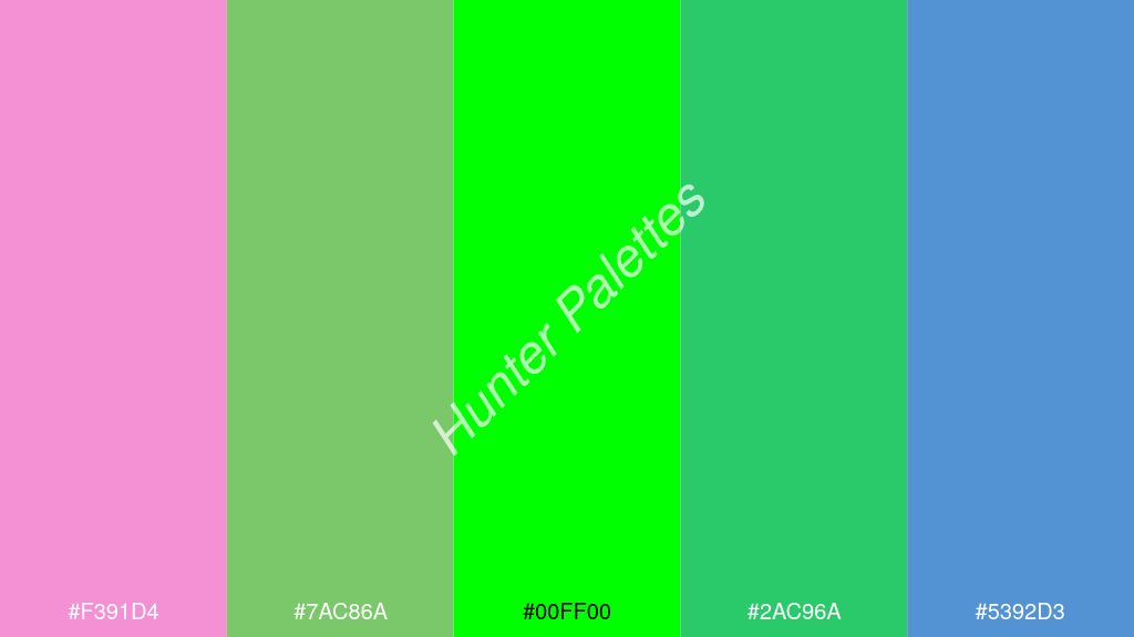 zöld szín palettája a következőkkel: #f391d4 #7ac86a #00ff00 #2ac96a #5392d3