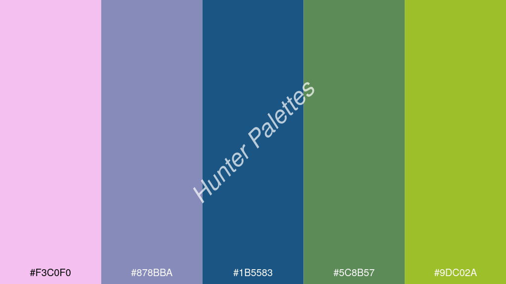 Capri kék szín palettája a következőkkel: #f3c0f0 #878bba #1b5583 #5c8b57 #9dc02a