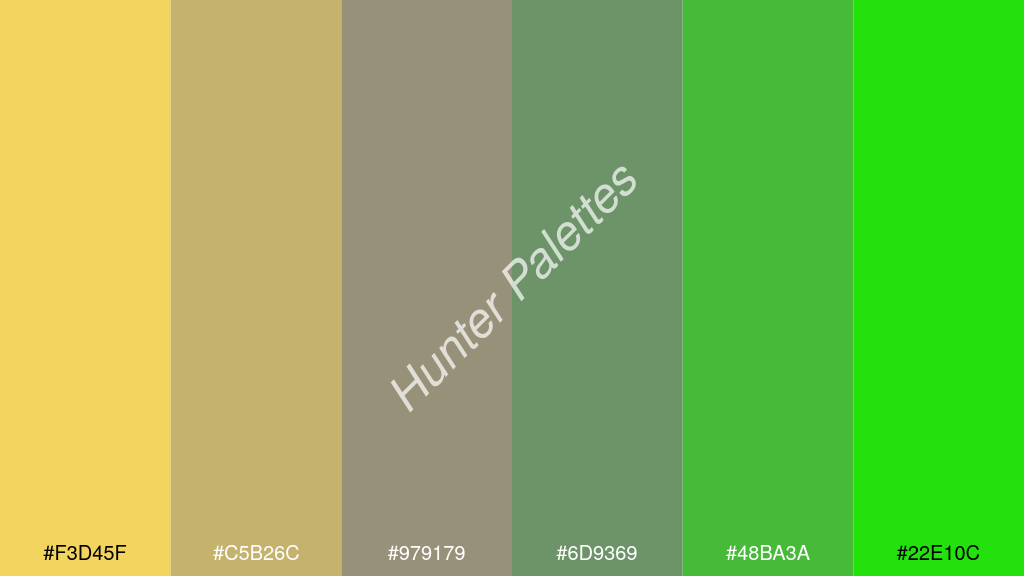 szürke szín palettája a következőkkel: #f3d45f #c5b26c #979179 #6d9369 #48ba3a #22e10c