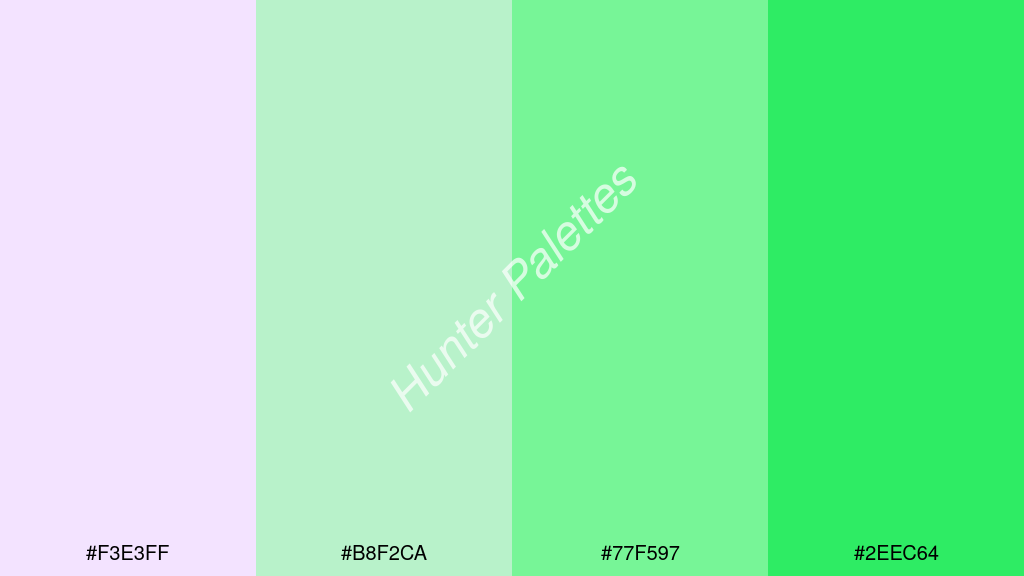 menta szín palettája a következőkkel: #f3e3ff #b8f2ca #77f597 #2eec64