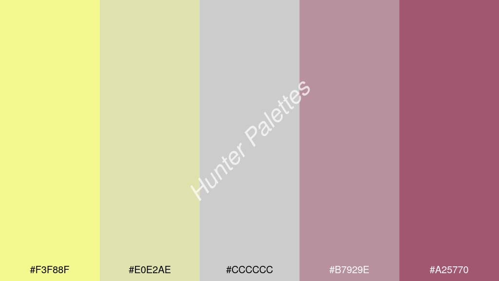 cccccc szín palettája a következőkkel: #f3f88f #e0e2ae #cccccc #b7929e #a25770
