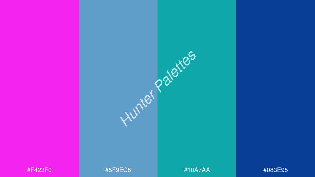 karibi zöld szín palettája a következőkkel: #f423f0 #5f9ec8 #10a7aa #083e95