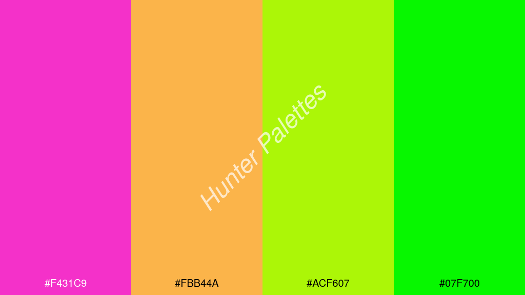 neon sárga szín palettája a következőkkel: #f431c9 #fbb44a #acf607 #07f700