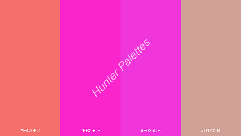 magenta szín palettája a következőkkel: #f4706c #fb25ce #f035db #d1a094