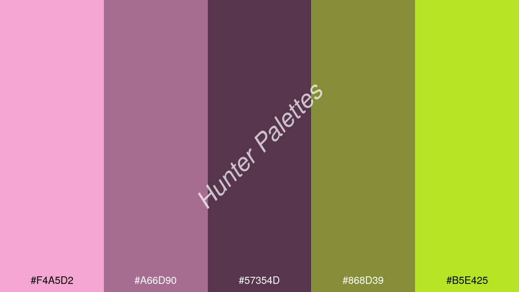 szilva szín palettája a következőkkel: #f4a5d2 #a66d90 #57354d #868d39 #b5e425