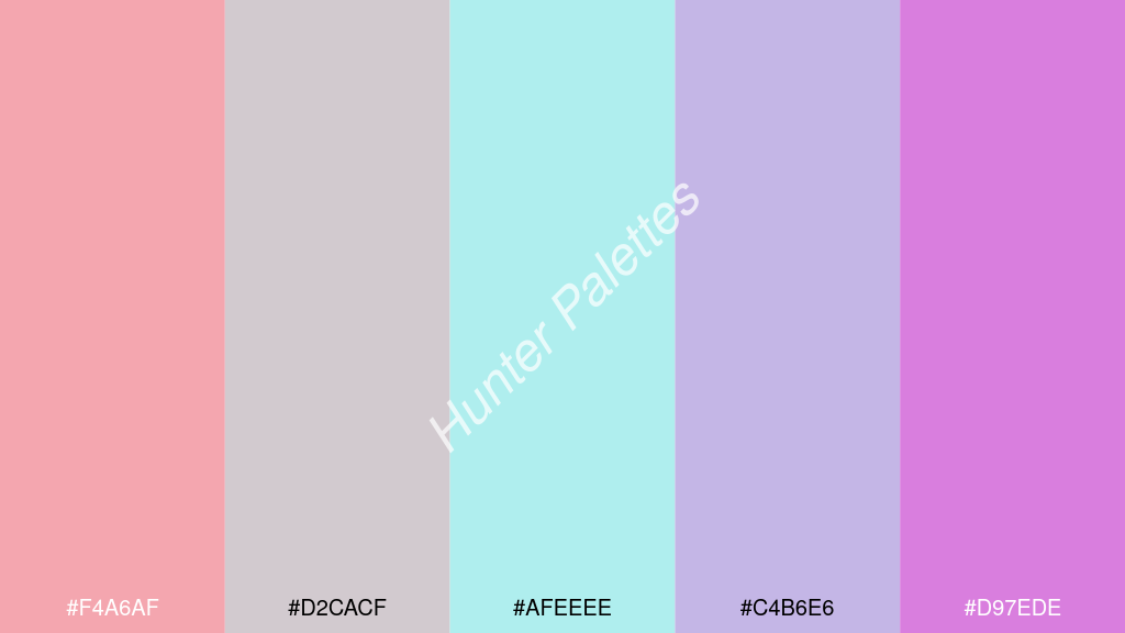 halvány türkiz szín palettája a következőkkel: #f4a6af #d2cacf #afeeee #c4b6e6 #d97ede