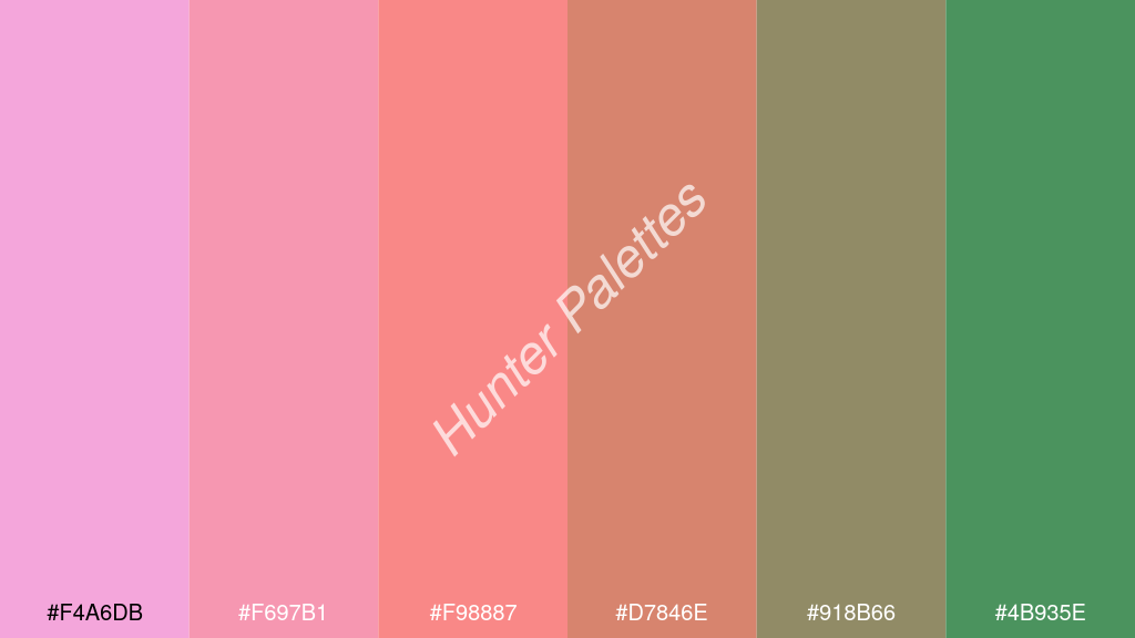 lazac szín palettája a következőkkel: #f4a6db #f697b1 #f98887 #d7846e #918b66 #4b935e