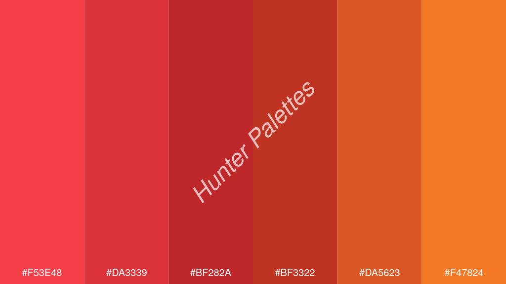 tégla szín palettája a következőkkel: #f53e48 #da3339 #bf282a #bf3322 #da5623 #f47824