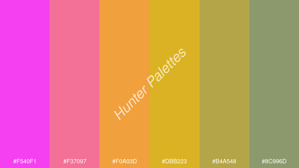 arany szín palettája a következőkkel: #f540f1 #f37097 #f0a03d #dbb223 #b4a548 #8c996d