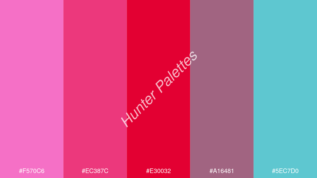 skarlát szín palettája a következőkkel: #f570c6 #ec387c #e30032 #a16481 #5ec7d0