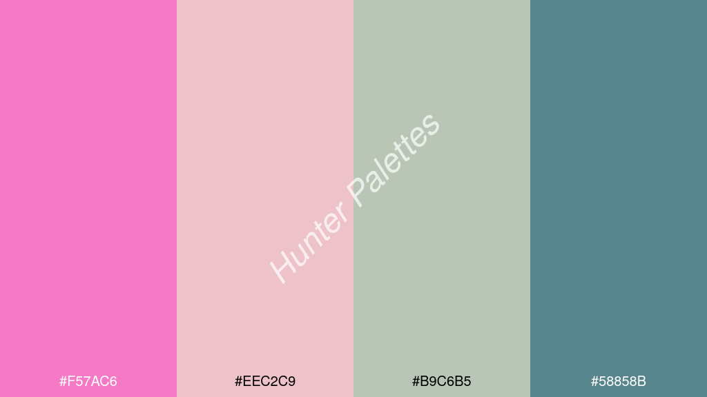 gyöngyház fehér szín palettája a következőkkel: #f57ac6 #eec2c9 #b9c6b5 #58858b