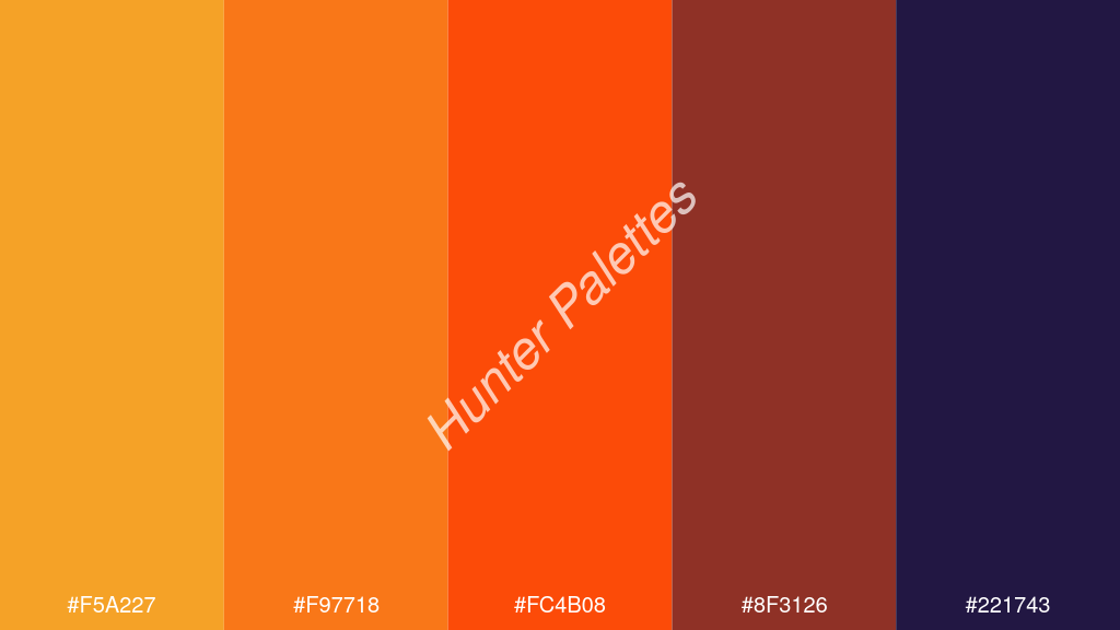 fluoreszkáló narancs szín palettája a következőkkel: #f5a227 #f97718 #fc4b08 #8f3126 #221743