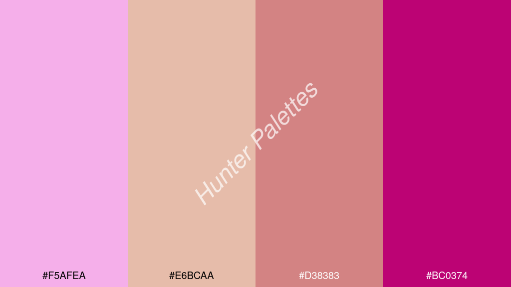 khaki szín palettája a következőkkel: #f5afea #e6bcaa #d38383 #bc0374