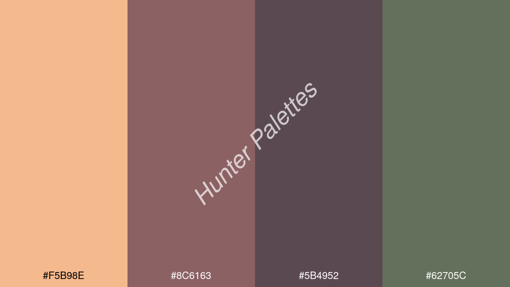 szilva szín palettája a következőkkel: #f5b98e #8c6163 #5b4952 #62705c