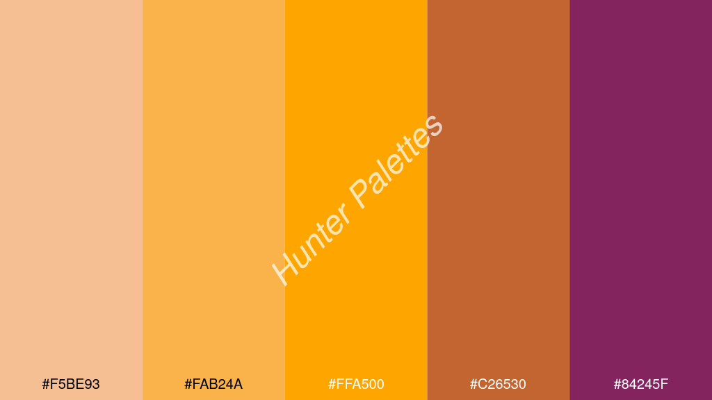 narancssárga szín palettája a következőkkel: #f5be93 #fab24a #ffa500 #c26530 #84245f