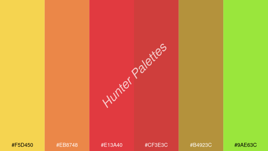 bíbor szín palettája a következőkkel: #f5d450 #eb8748 #e13a40 #cf3e3c #b4923c #9ae63c