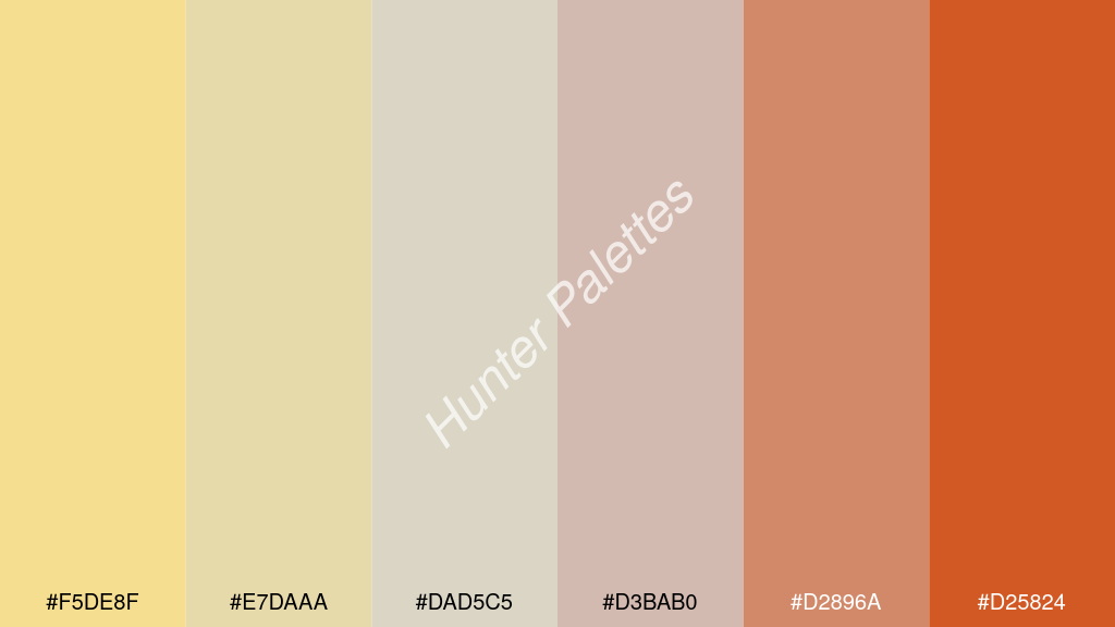 világos szürke szín palettája a következőkkel: #f5de8f #e7daaa #dad5c5 #d3bab0 #d2896a #d25824
