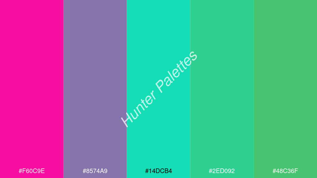 karibi zöld szín palettája a következőkkel: #f60c9e #8574a9 #14dcb4 #2ed092 #48c36f